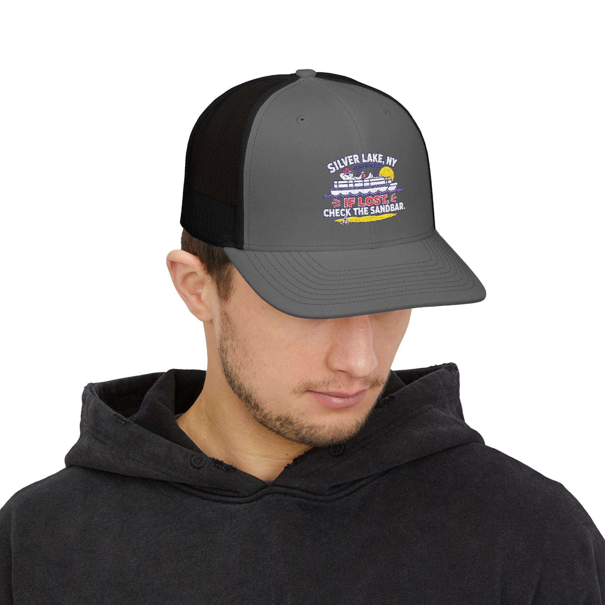 Silver Lake NY “If Lost, Check the Sandbar” Embroidered Trucker Hat