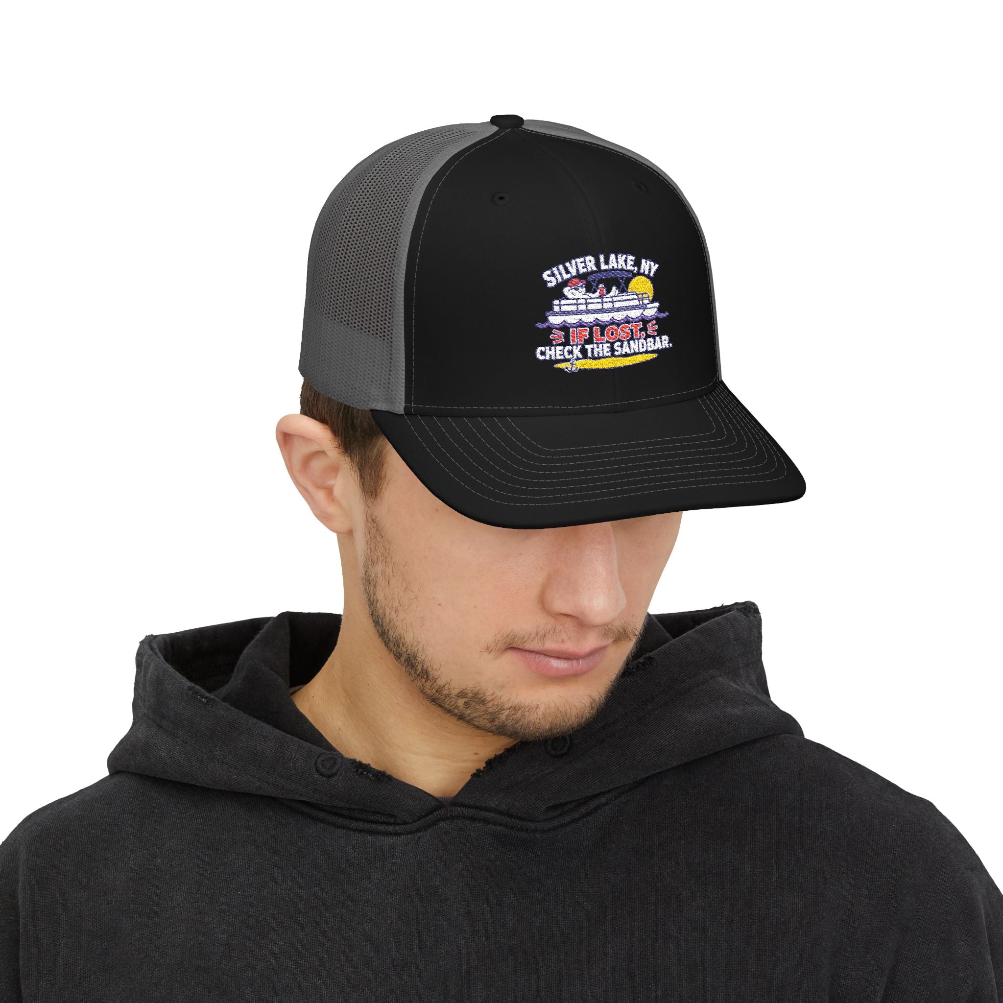 Silver Lake NY “If Lost, Check the Sandbar” Embroidered Trucker Hat