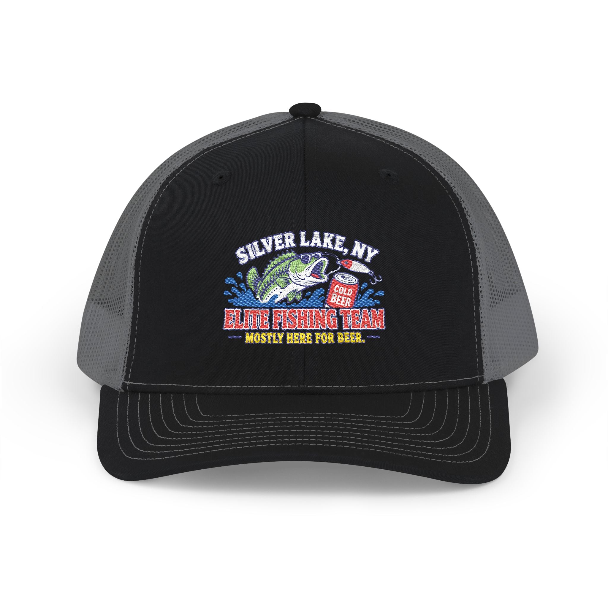 Silver Lake, NY Fishing Team Trucker Cap — Retro Bass Graphic Snapback
