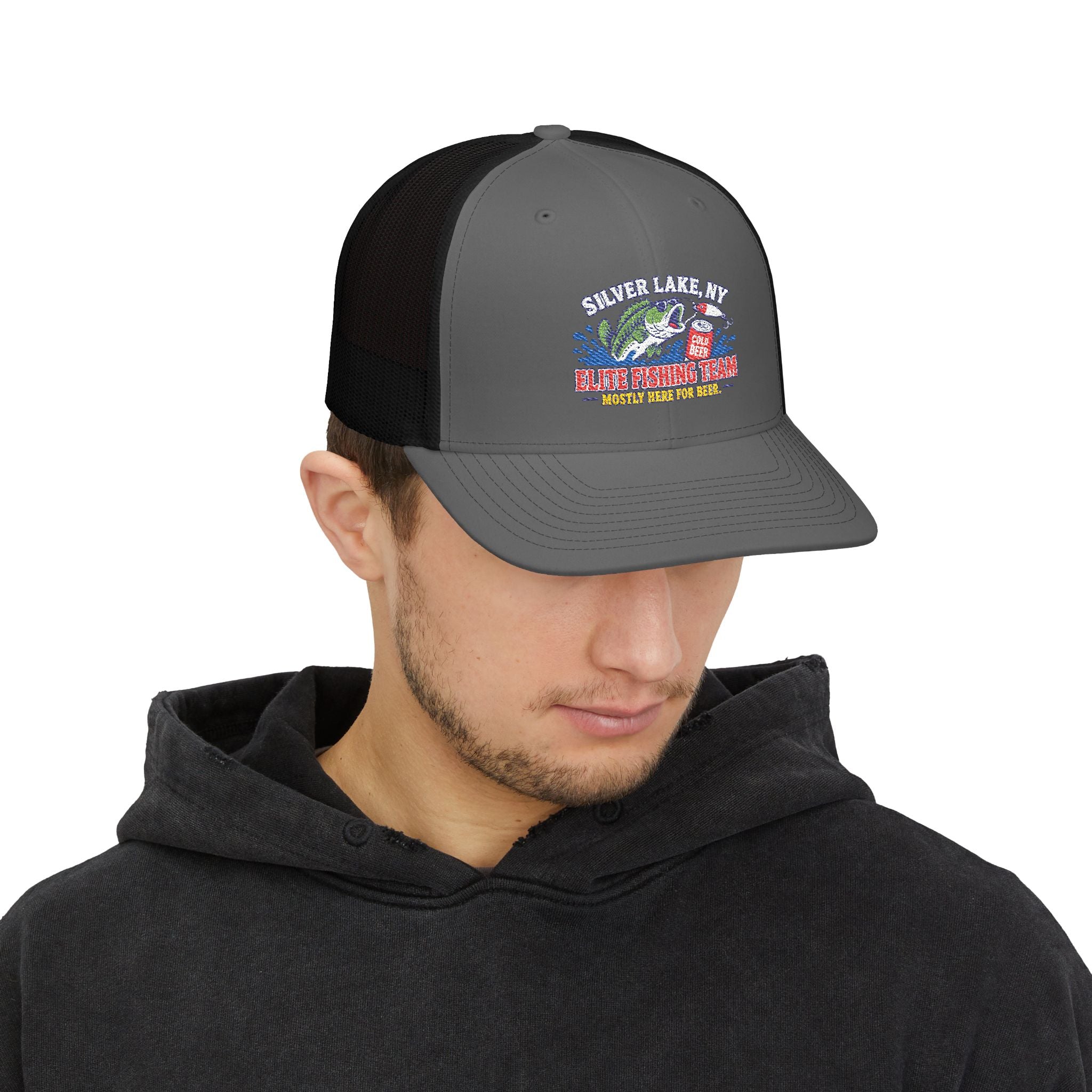 Silver Lake, NY Fishing Team Trucker Cap — Retro Bass Graphic Snapback