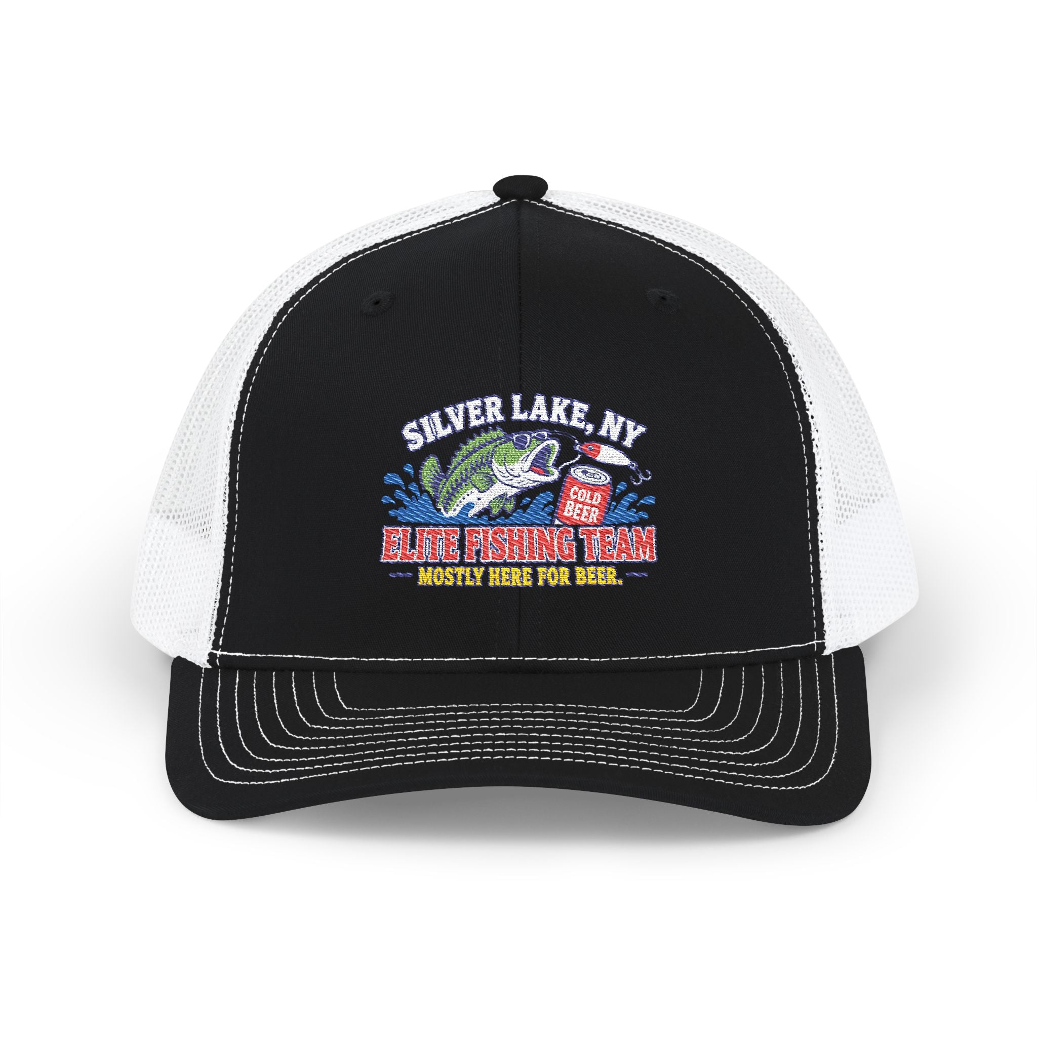 Silver Lake, NY Fishing Team Trucker Cap — Retro Bass Graphic Snapback