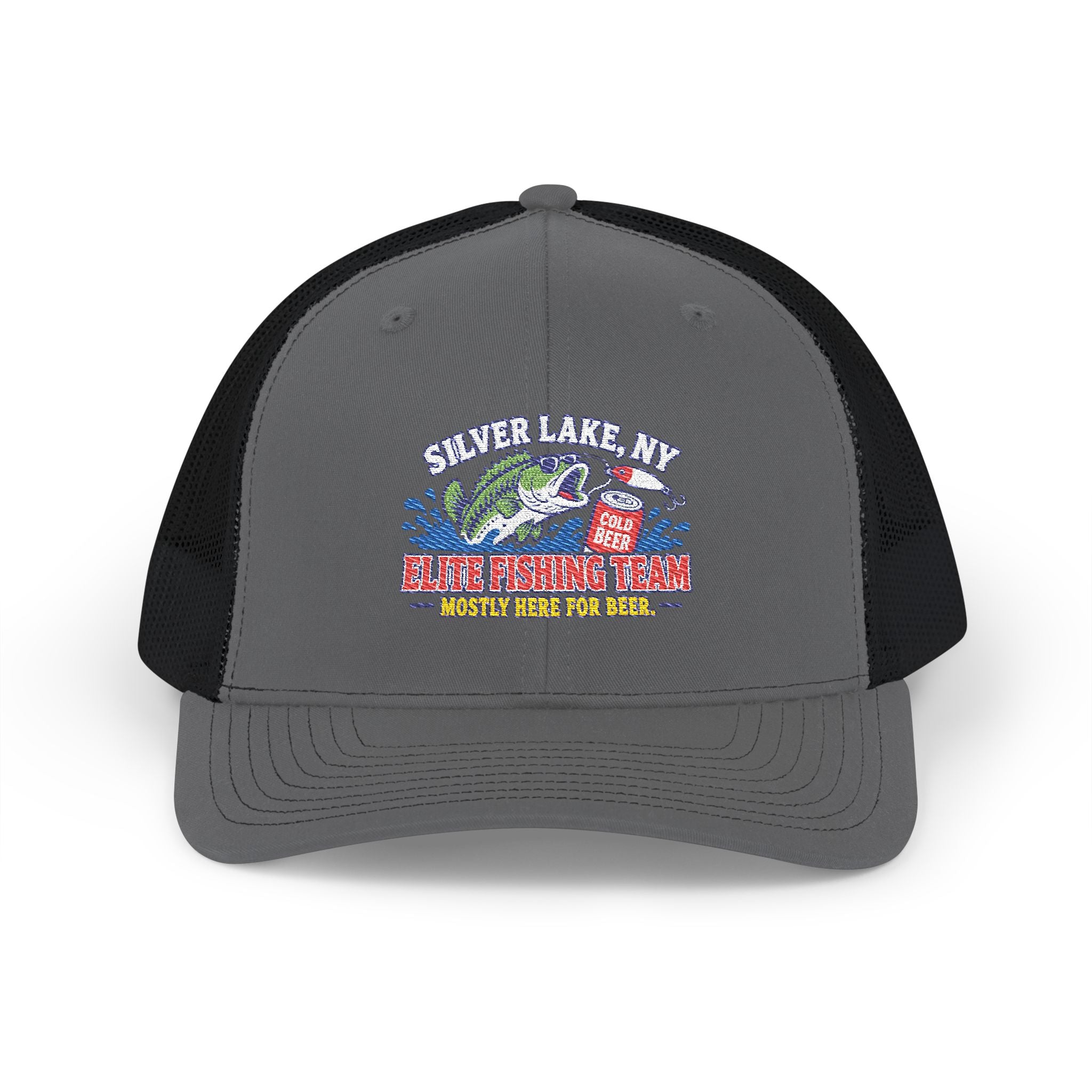 Silver Lake, NY Fishing Team Trucker Cap — Retro Bass Graphic Snapback