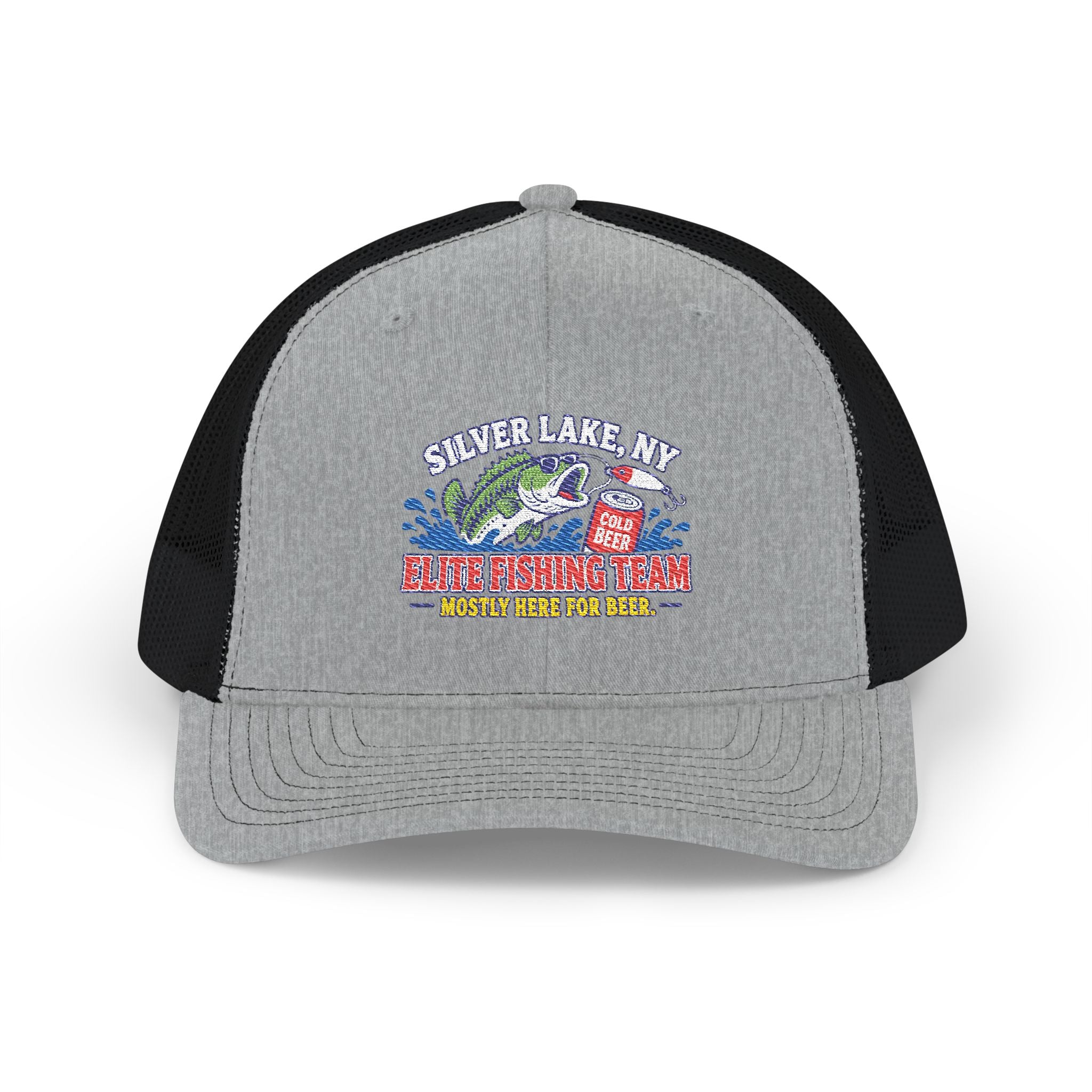 Silver Lake, NY Fishing Team Trucker Cap — Retro Bass Graphic Snapback