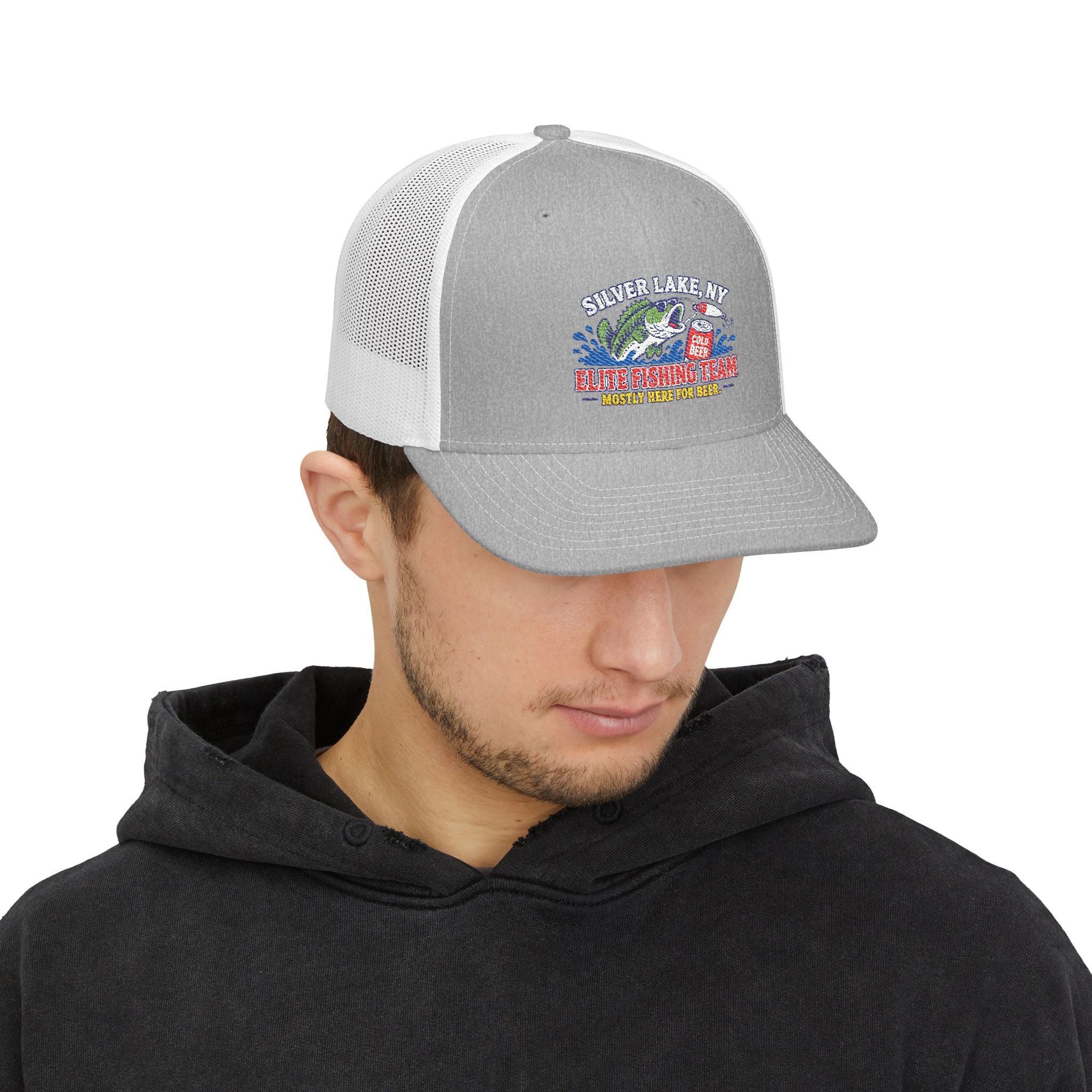 Silver Lake, NY Fishing Team Trucker Cap — Retro Bass Graphic Snapback