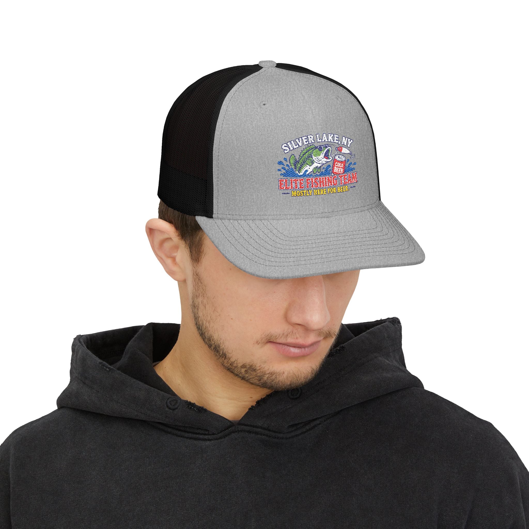 Silver Lake, NY Fishing Team Trucker Cap — Retro Bass Graphic Snapback