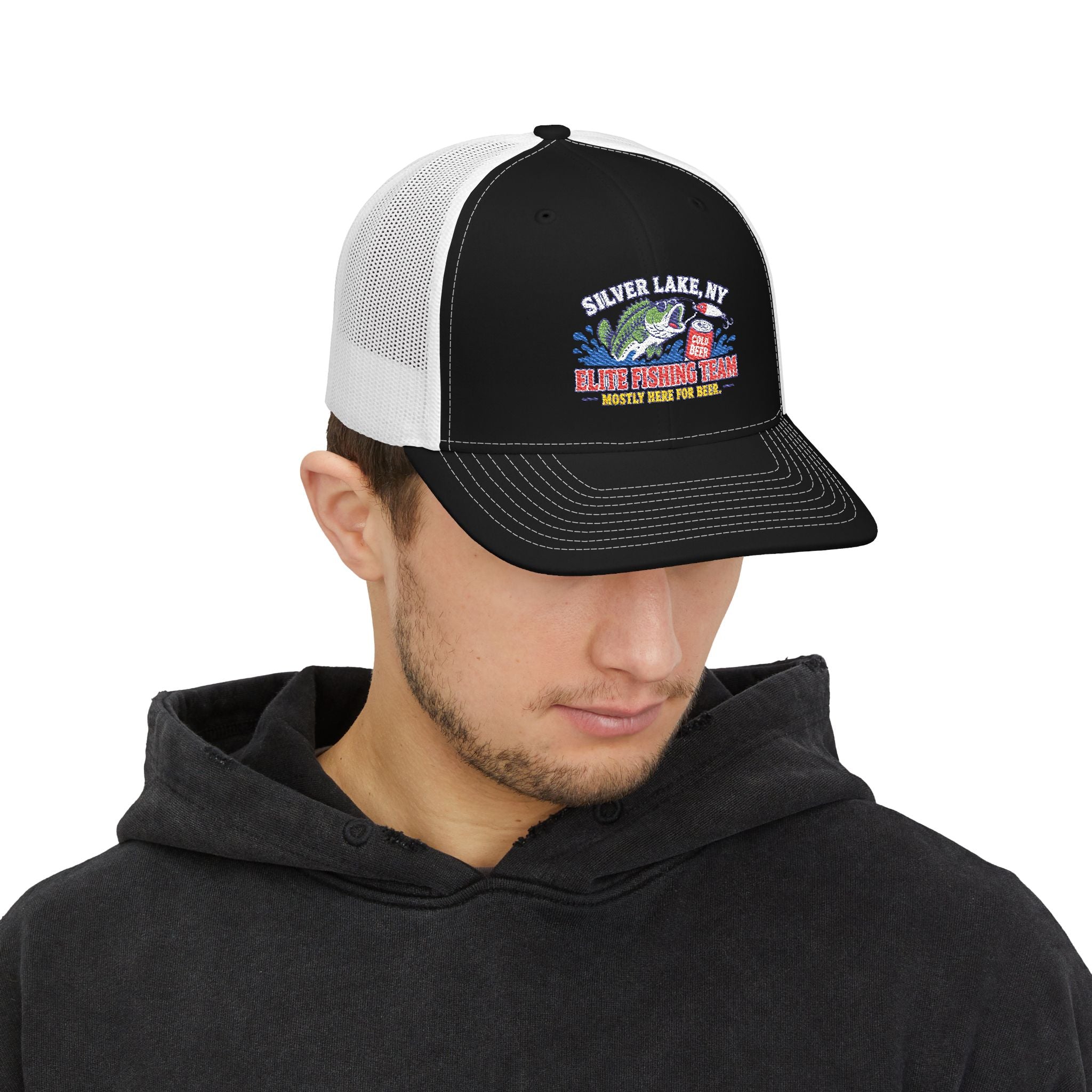 Silver Lake, NY Fishing Team Trucker Cap — Retro Bass Graphic Snapback