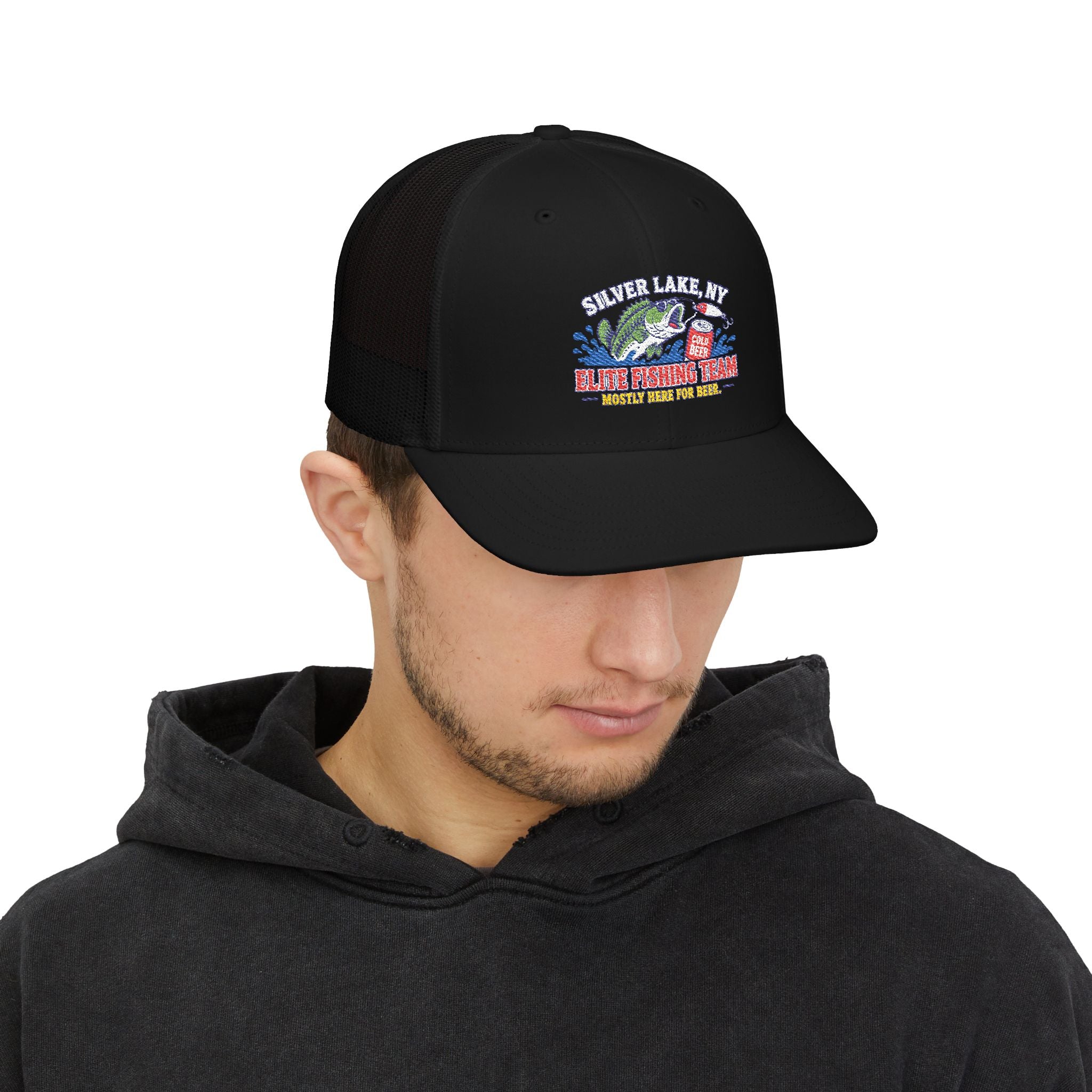 Silver Lake, NY Fishing Team Trucker Cap — Retro Bass Graphic Snapback